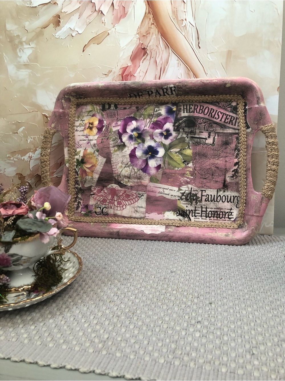 Pink Floral Decorative Vanity Tray with Rope Handles